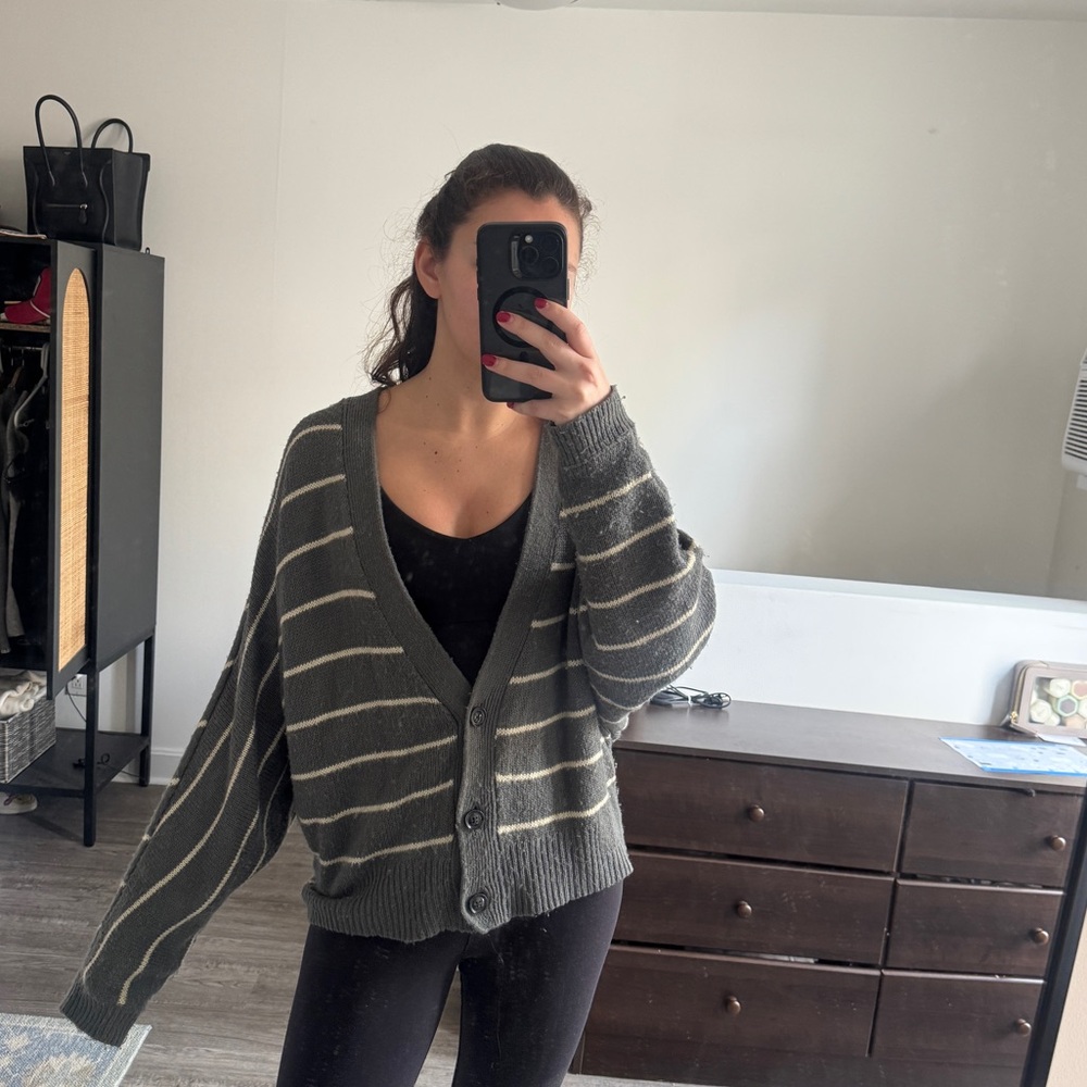 Grey and white striped cardigan